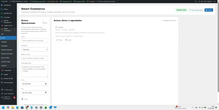 Tela real do dashboard WooCommerce no ContactAssist